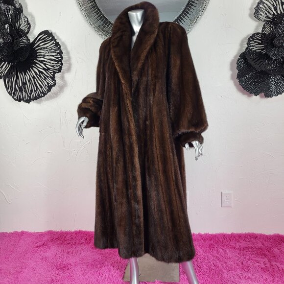 VINTAGE~PLUS 1X/2X~RANCH BROWN MAHOGANY GENUINE REAL FULL LENGTH MINK FUR COAT - Picture 4 of 16